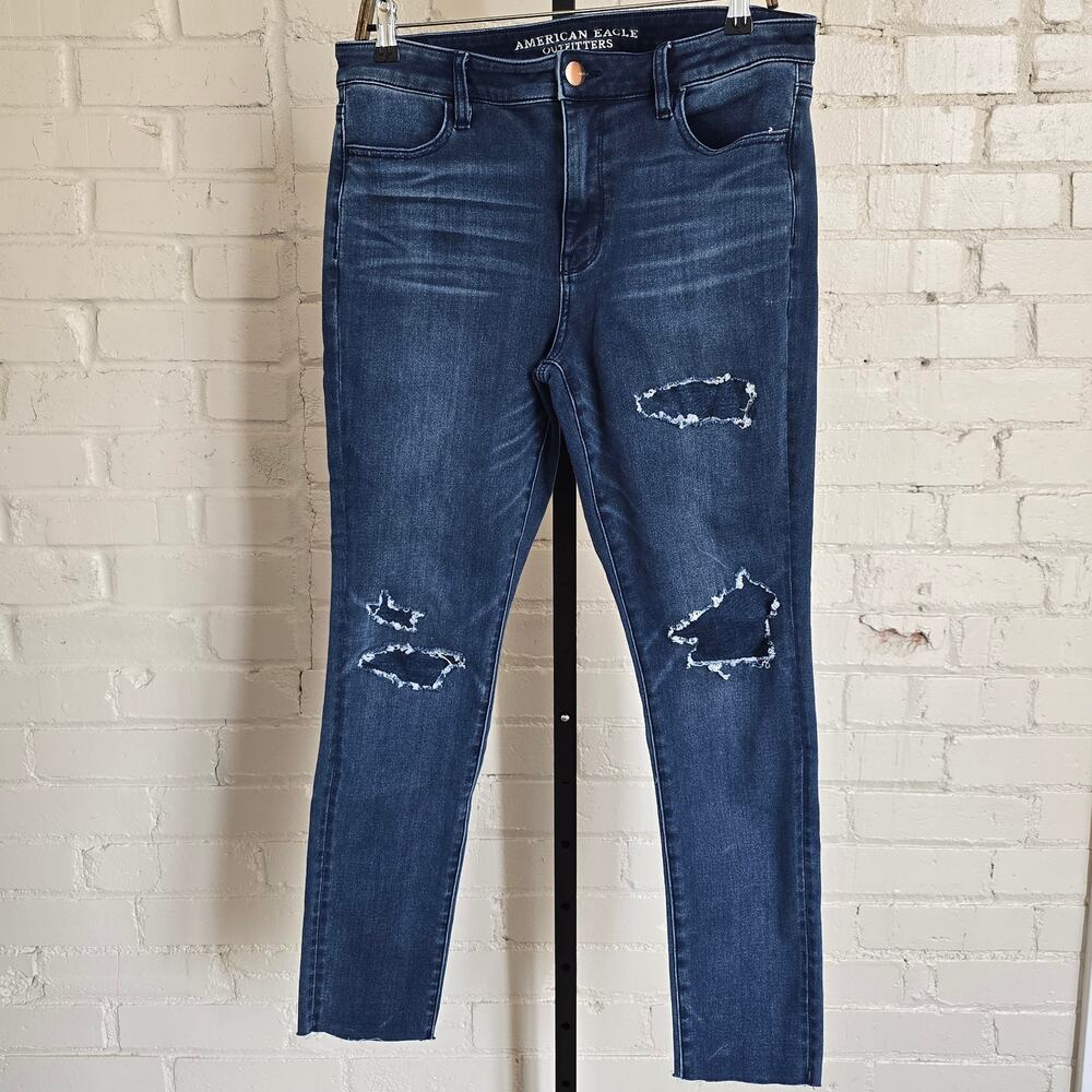 American Eagle 360 Super Stretch Hi Rise Jegging 14 Distressed Dark Wash Ripped